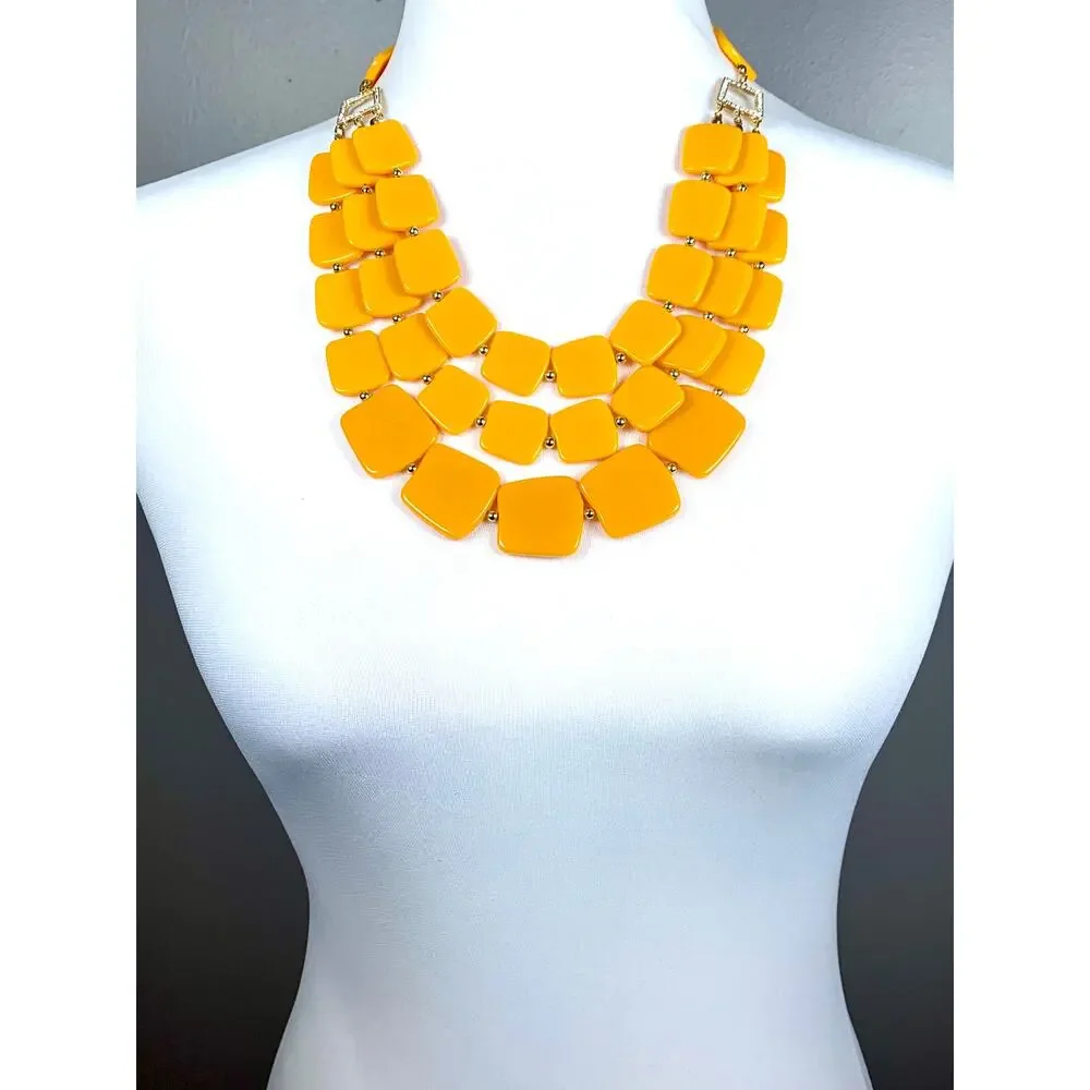 Vintage 1970's Multistrand Mustard Yellow Acrylic Square Statement Necklace